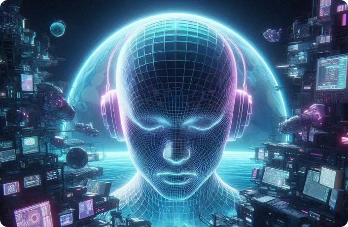 Personnage portant un casque audio dans un monde virtuel