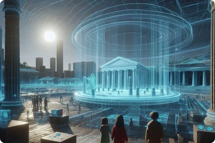 Enfants visitant un site historique dans un monde virtuel